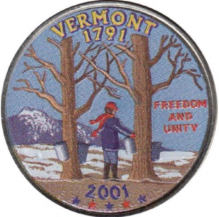 (014d) Монета США 2001 год 25 центов &quot;Вермонт&quot;  Вариант №1 Медь-Никель  COLOR. Цветная